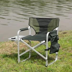 400LBS Folding Outdoor Chair with Side Table & Storage Pockets, Lightweight Aluminum Oversized Camping Chair for Fishing - Padded Seat/Armrests & Weather-Resistant Oxford Fabric (1, Green)