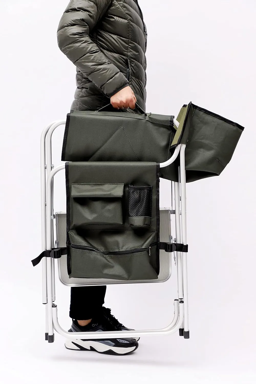 400LBS Folding Outdoor Chair with Side Table & Storage Pockets, Lightweight Aluminum Oversized Camping Chair for Fishing - Padded Seat/Armrests & Weather-Resistant Oxford Fabric (1, Green)