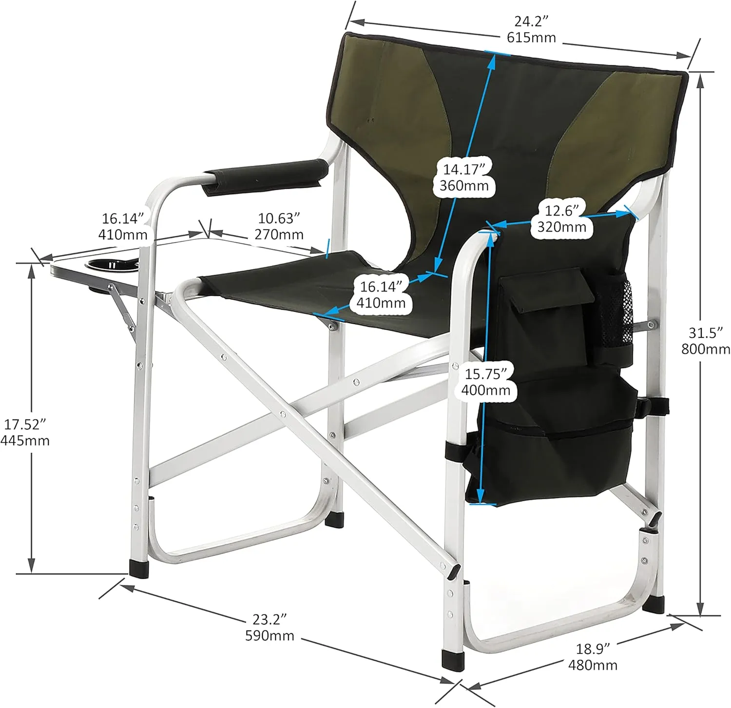 400LBS Folding Outdoor Chair with Side Table & Storage Pockets, Lightweight Aluminum Oversized Camping Chair for Fishing - Padded Seat/Armrests & Weather-Resistant Oxford Fabric (1, Green)