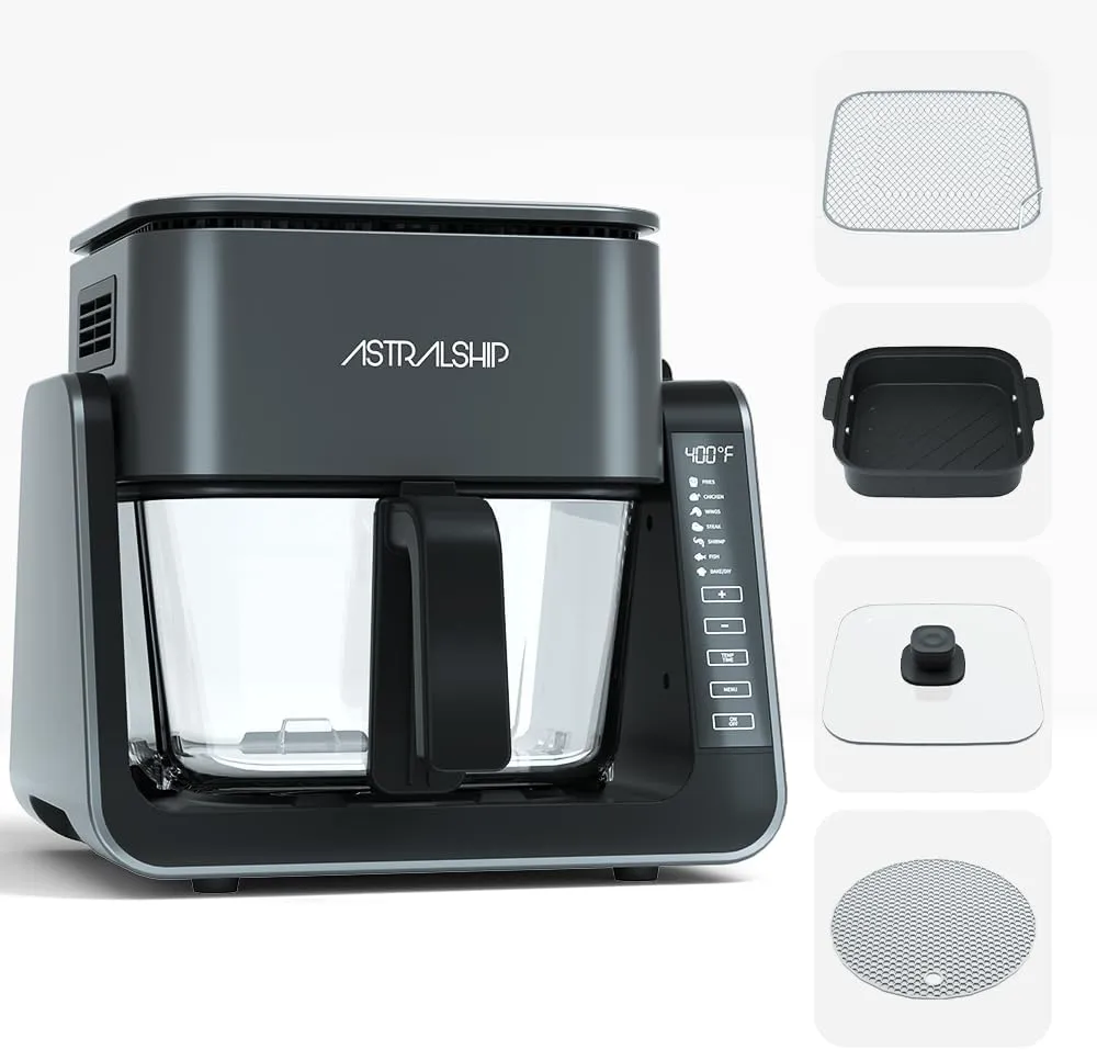 4.2 QT 1.3 QT Small Air Fryer non toxic, 2-in-1 Glass Air Fryer & Grill Pan Combo for kitchen, 7 Presets, 105-450℉, Portable Healthy Cooking, Non-Stick, Multi-Function for Frying, Griddle & Baking