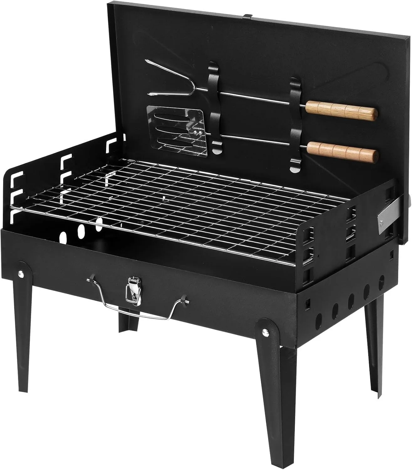 44 * 27 * 7cm Portable Square Charcoal Grill Black Camping Picnic Movable Barbecue Grill Black