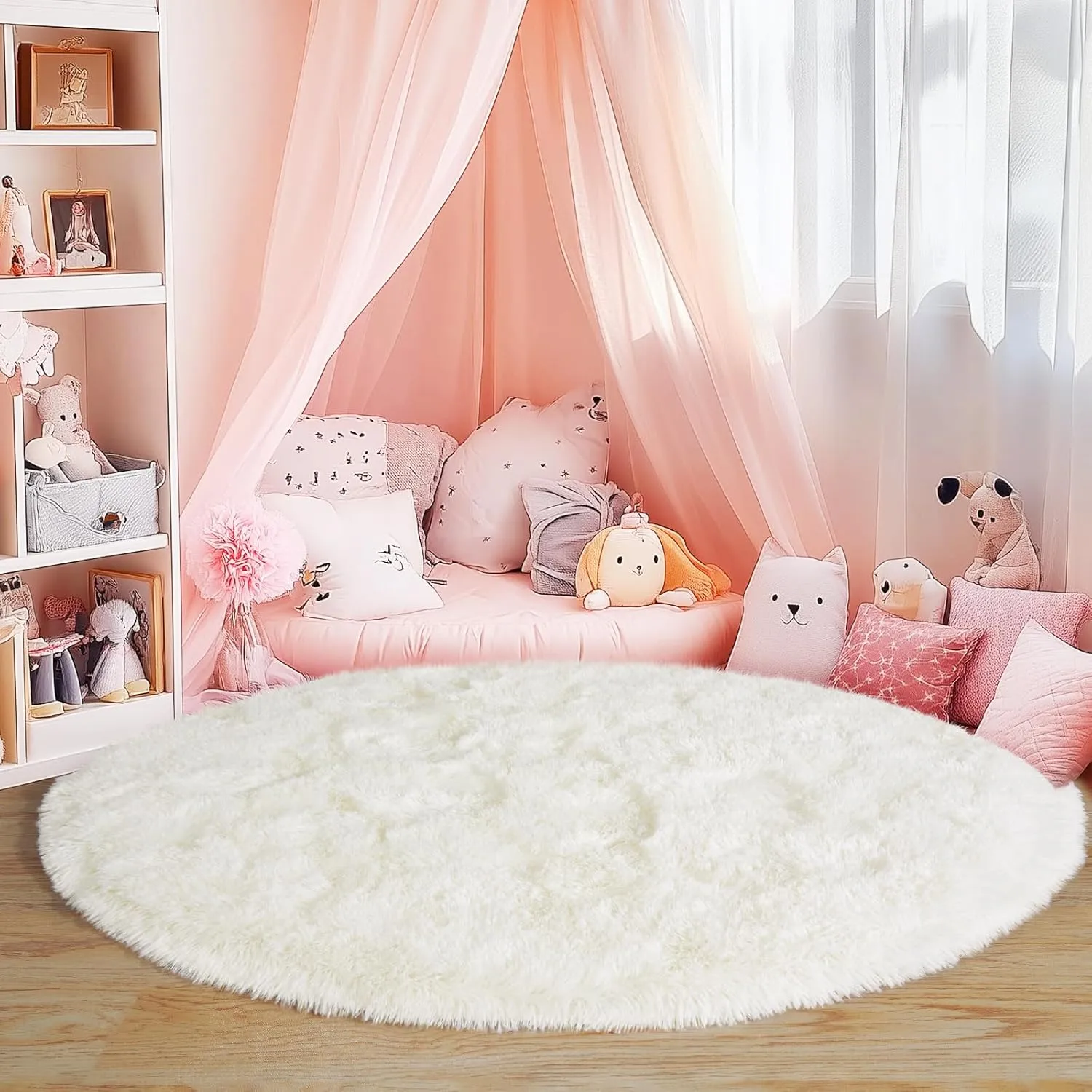 4'x4' Cream Round Rugs for Girls Bedroom, Ultra Soft Fluffy Circle Rug for Kids Room, Cute Shag Rugs for Living Room Playroom Tent Castle Home Decor Rug