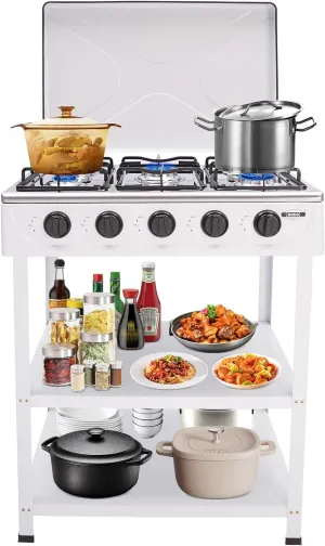 5-Burner Natural Gas Camping Stove, Manual Ignition Outdoor Cooking Gas Stove with Support Leg Stand and Wind Blocking Cover Adapter, 12.5KW Portable Stove for RV, Backyard, Apartment