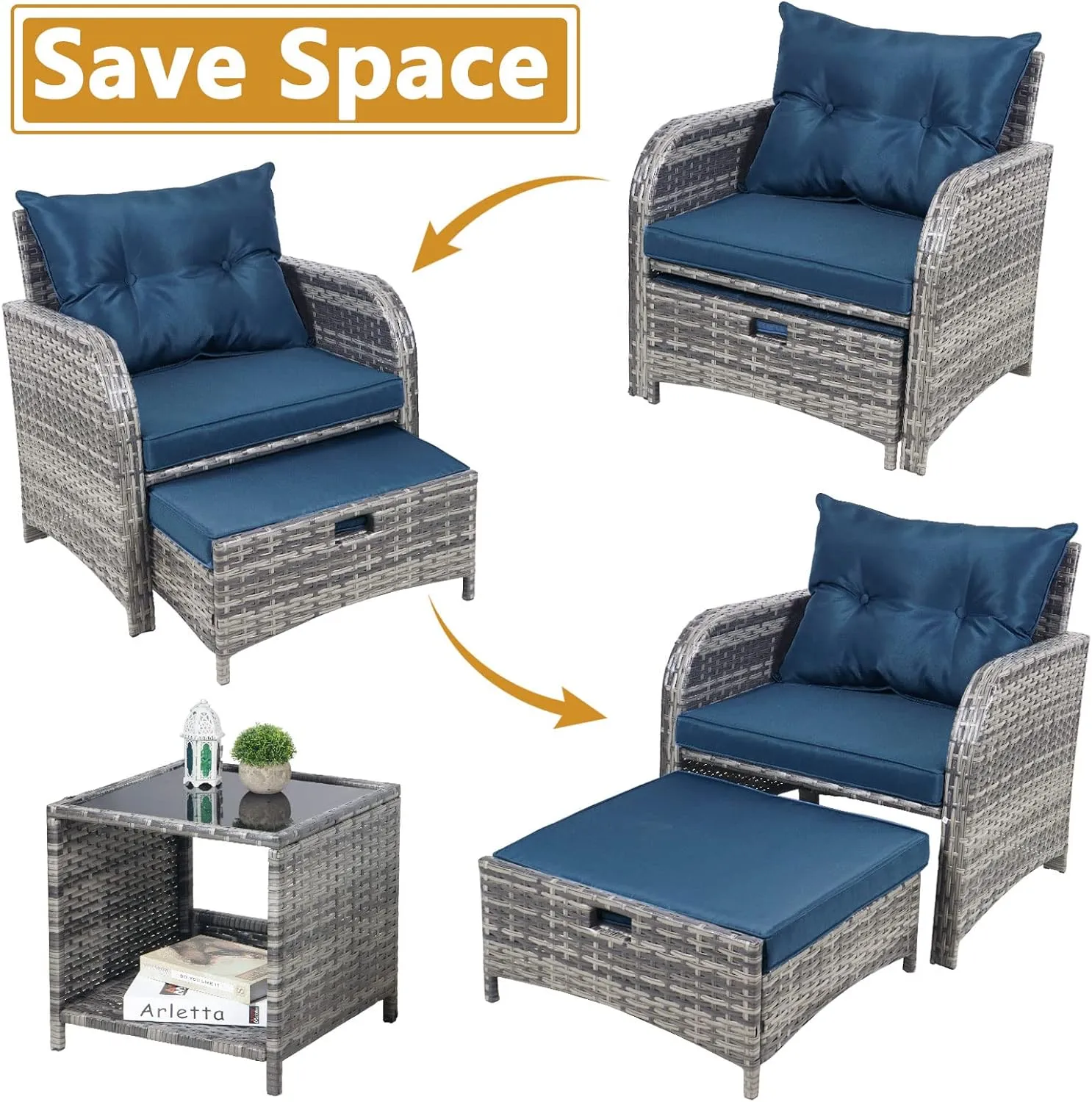 5 Pieces Wicker Outdoor Patio Chairs Set with Ottoman, All Weather PE Rattan Patio Conversation Furniture Set Outdoor Furniture Set with Hidden Ottoman for Poolside Garden Balcony, Blue