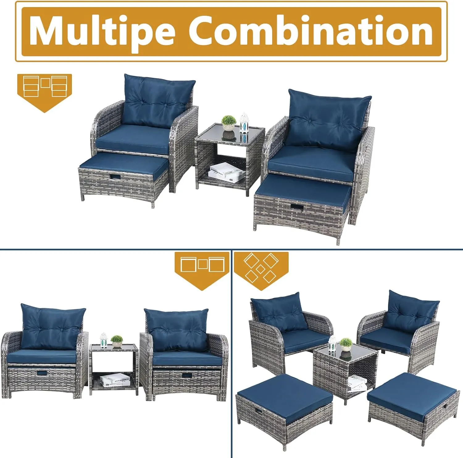 5 Pieces Wicker Outdoor Patio Chairs Set with Ottoman, All Weather PE Rattan Patio Conversation Furniture Set Outdoor Furniture Set with Hidden Ottoman for Poolside Garden Balcony, Blue