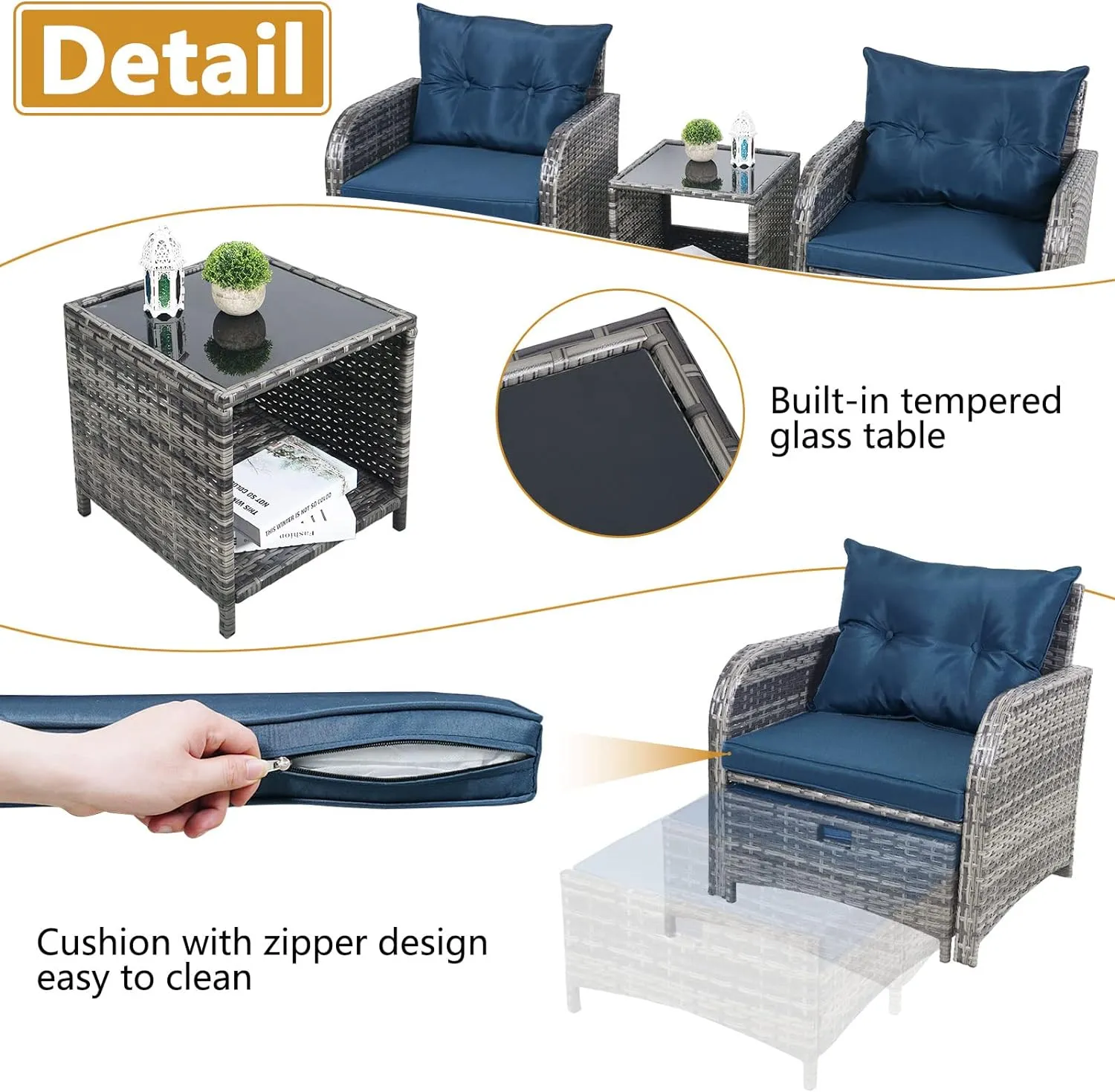 5 Pieces Wicker Outdoor Patio Chairs Set with Ottoman, All Weather PE Rattan Patio Conversation Furniture Set Outdoor Furniture Set with Hidden Ottoman for Poolside Garden Balcony, Blue