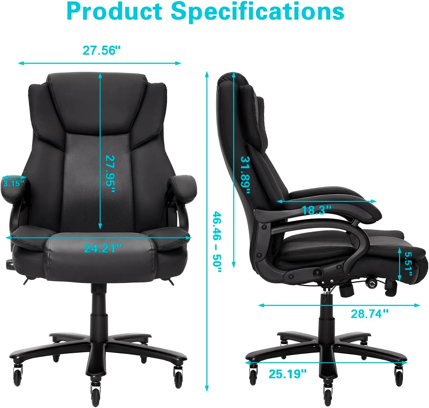 500lbs Big and Tall Office Chair, Heavy Duty Office Chair for Heavy People, High Back Executive Desk Chair with Adjustable Lumbar Support, Quiet Rubber Wheel
