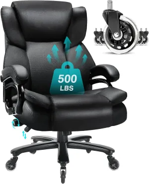500lbs Big and Tall Office Chair, Heavy Duty Office Chair for Heavy People, High Back Executive Desk Chair with Adjustable Lumbar Support, Quiet Rubber Wheel
