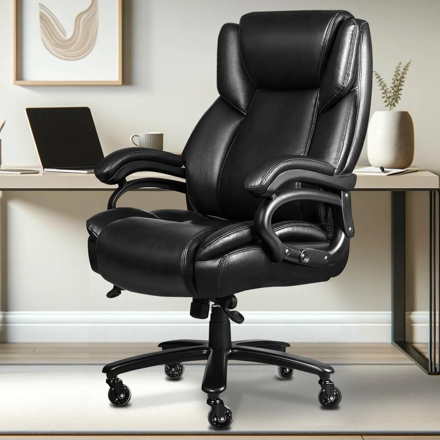 500lbs Big and Tall Office Chair, Heavy Duty Office Chair for Heavy People, High Back Executive Desk Chair with Adjustable Lumbar Support, Quiet Rubber Wheel