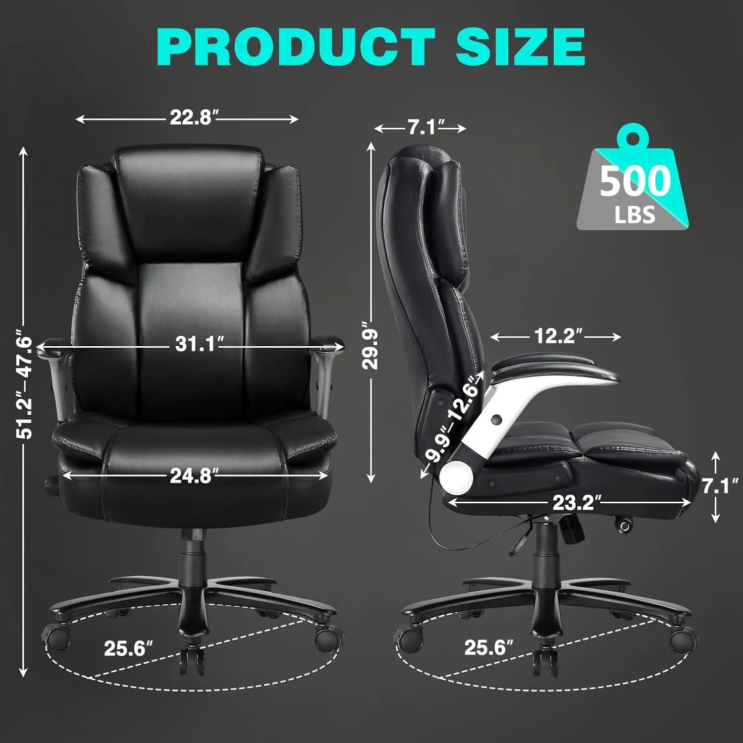 500LBS Big and Tall Office Chair with Flip up Armrest, Ergonomic Heavy Duty Office Chair with Adjustable Lumbar Support, Large Computer Desk Chair, Thick Padded Extra Wide Seat,Heavy Duty Metal Base