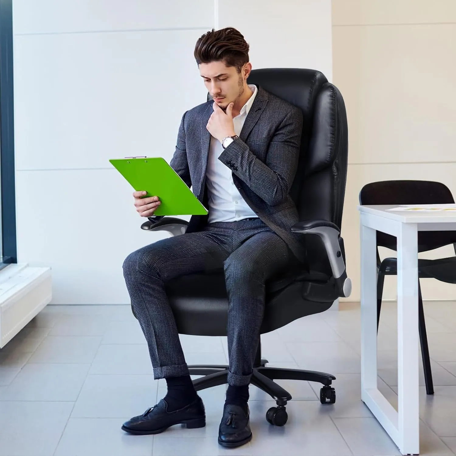 500LBS Big and Tall Office Chair with Flip up Armrest, Ergonomic Heavy Duty Office Chair with Adjustable Lumbar Support, Large Computer Desk Chair, Thick Padded Extra Wide Seat,Heavy Duty Metal Base