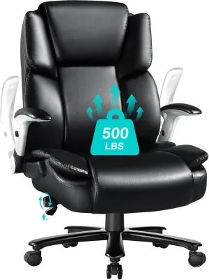 500LBS Big and Tall Office Chair with Flip up Armrest, Ergonomic Heavy Duty Office Chair with Adjustable Lumbar Support, Large Computer Desk Chair, Thick Padded Extra Wide Seat,Heavy Duty Metal Base