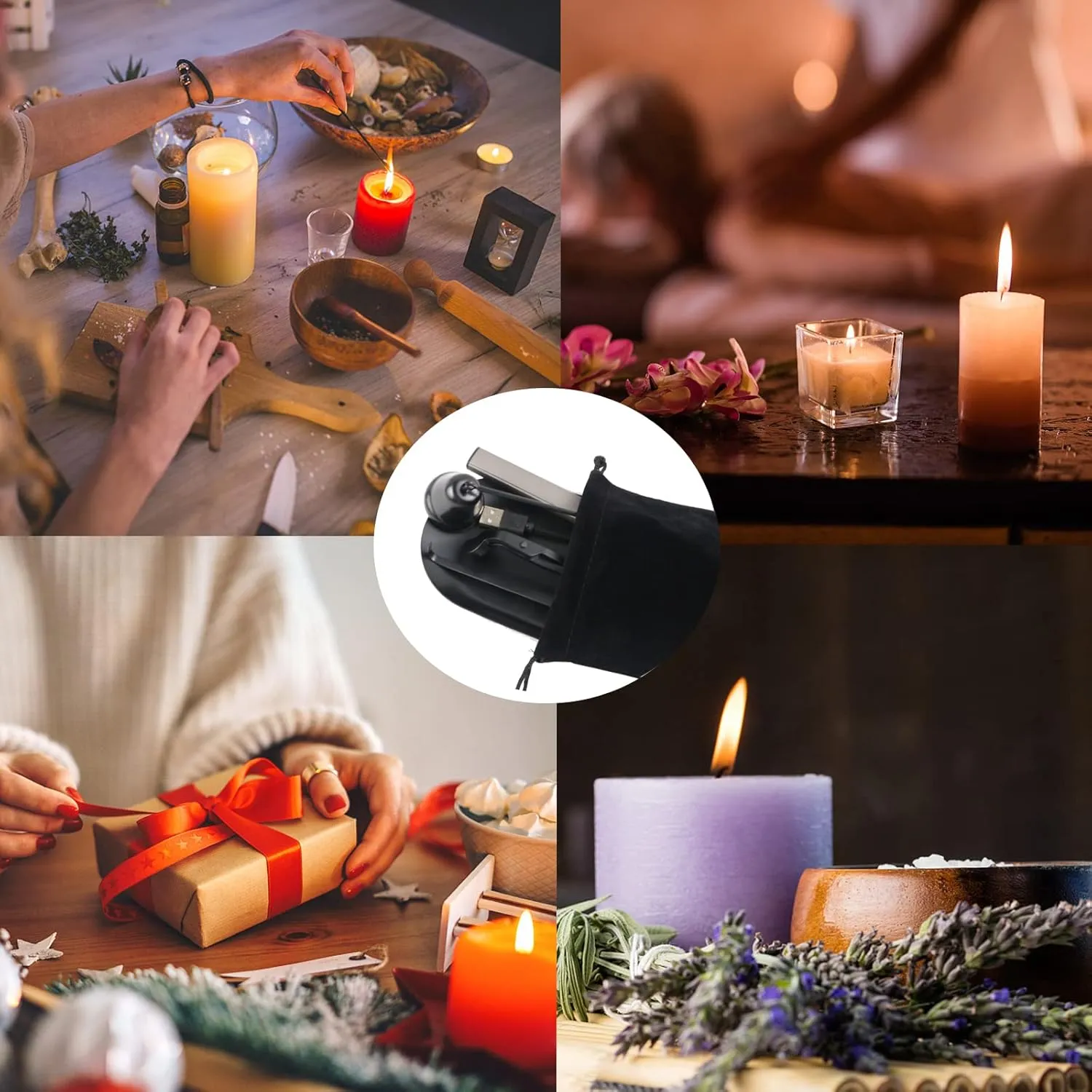 5IN1 Candle Accessory Set, Candle Wick Trimmer Cutter, Candle Snuffer & Candle Wick Dipper,Electric Lighter,Storage Tray Plat & Bag for Aromatherapy Candle Lover (Black)