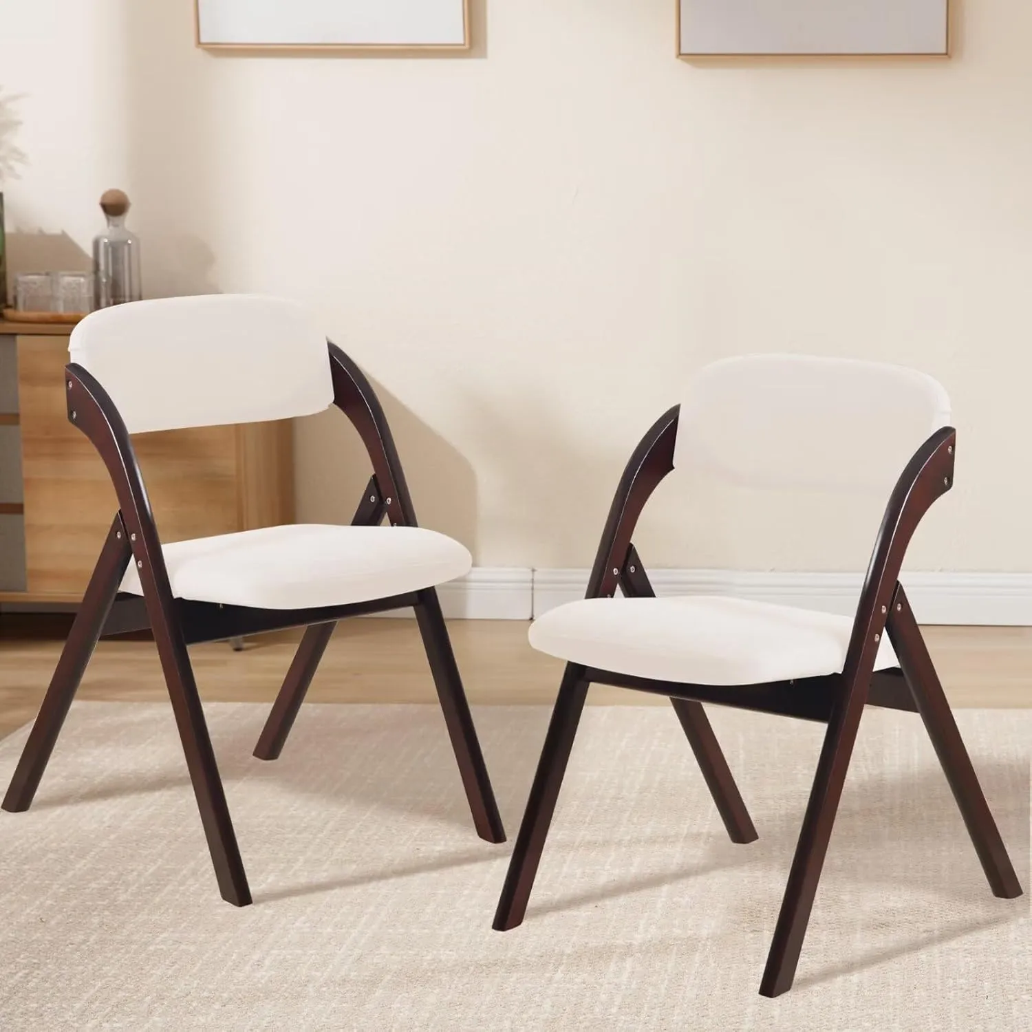 6-Pack Folding Chairs with Cushion, Linen Padded Foldable Dining Chairs, Portable Walnut Wooden Folding Chairs for Kitchen Dining Rooms Parties Offices Indoor Outdoor Beige