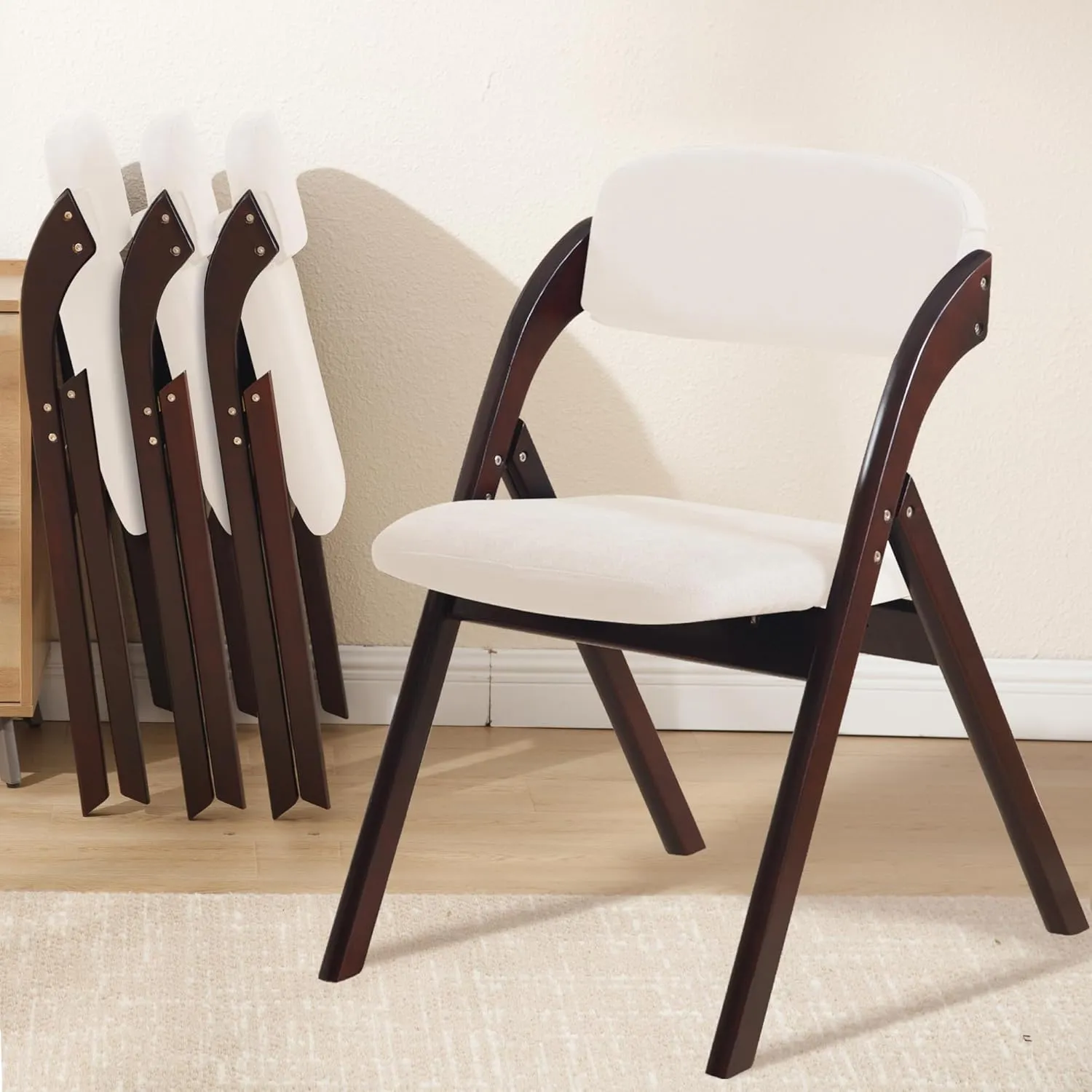 6-Pack Folding Chairs with Cushion, Linen Padded Foldable Dining Chairs, Portable Walnut Wooden Folding Chairs for Kitchen Dining Rooms Parties Offices Indoor Outdoor Beige