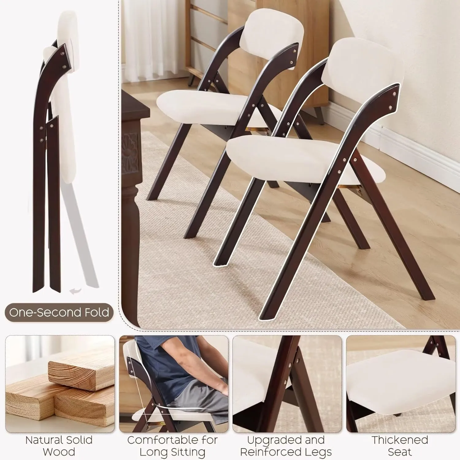 6-Pack Folding Chairs with Cushion, Linen Padded Foldable Dining Chairs, Portable Walnut Wooden Folding Chairs for Kitchen Dining Rooms Parties Offices Indoor Outdoor Beige