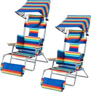 70'' Extra Long Beach Lounge Chair, Tanning Chair with Canopy & Face Holes & Arm Holes & Storage Pocket, Adjustable Foldable Recliner with Carry Strap (2, Rainbow)