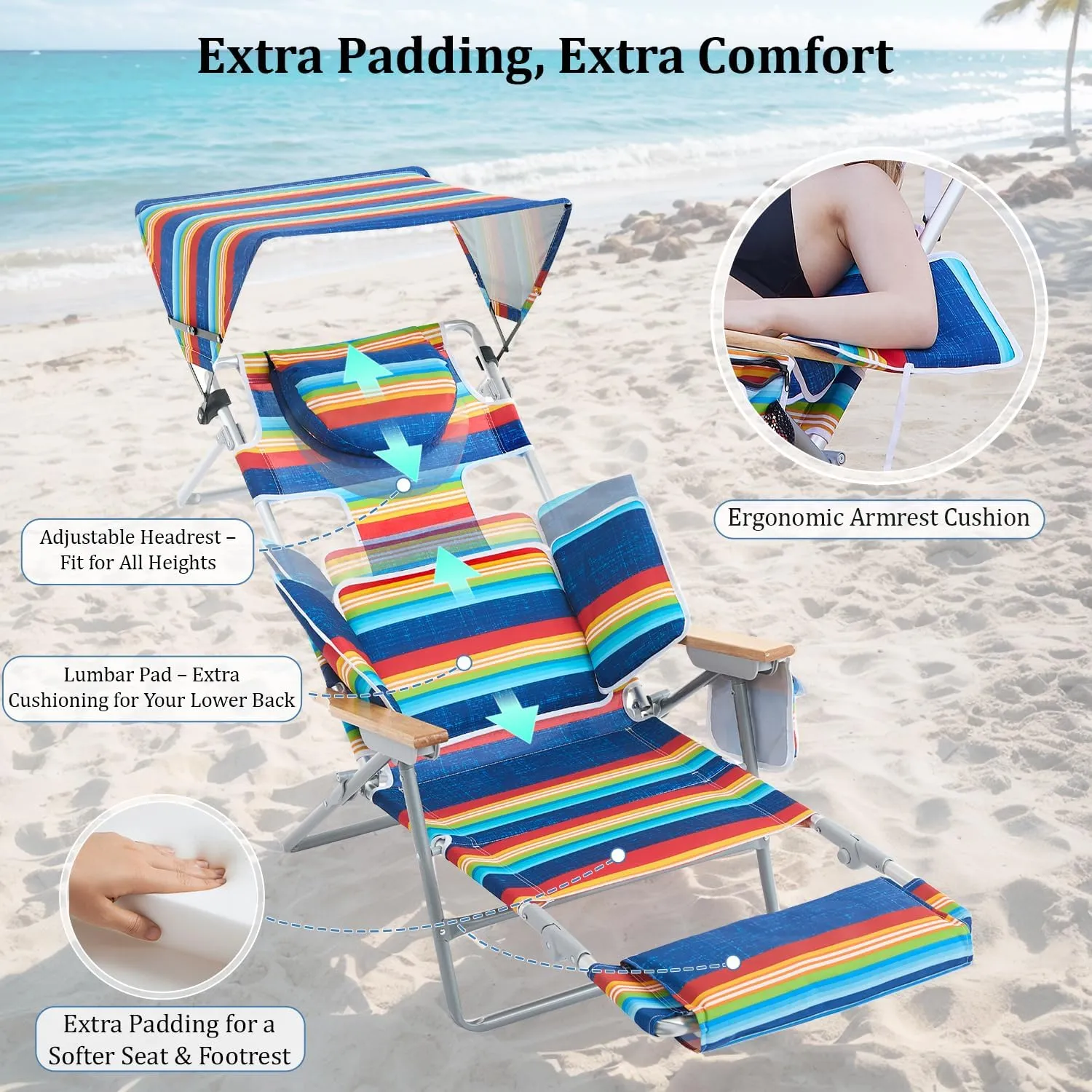 70'' Extra Long Beach Lounge Chair, Tanning Chair with Canopy & Face Holes & Arm Holes & Storage Pocket, Adjustable Foldable Recliner with Carry Strap (2, Rainbow)