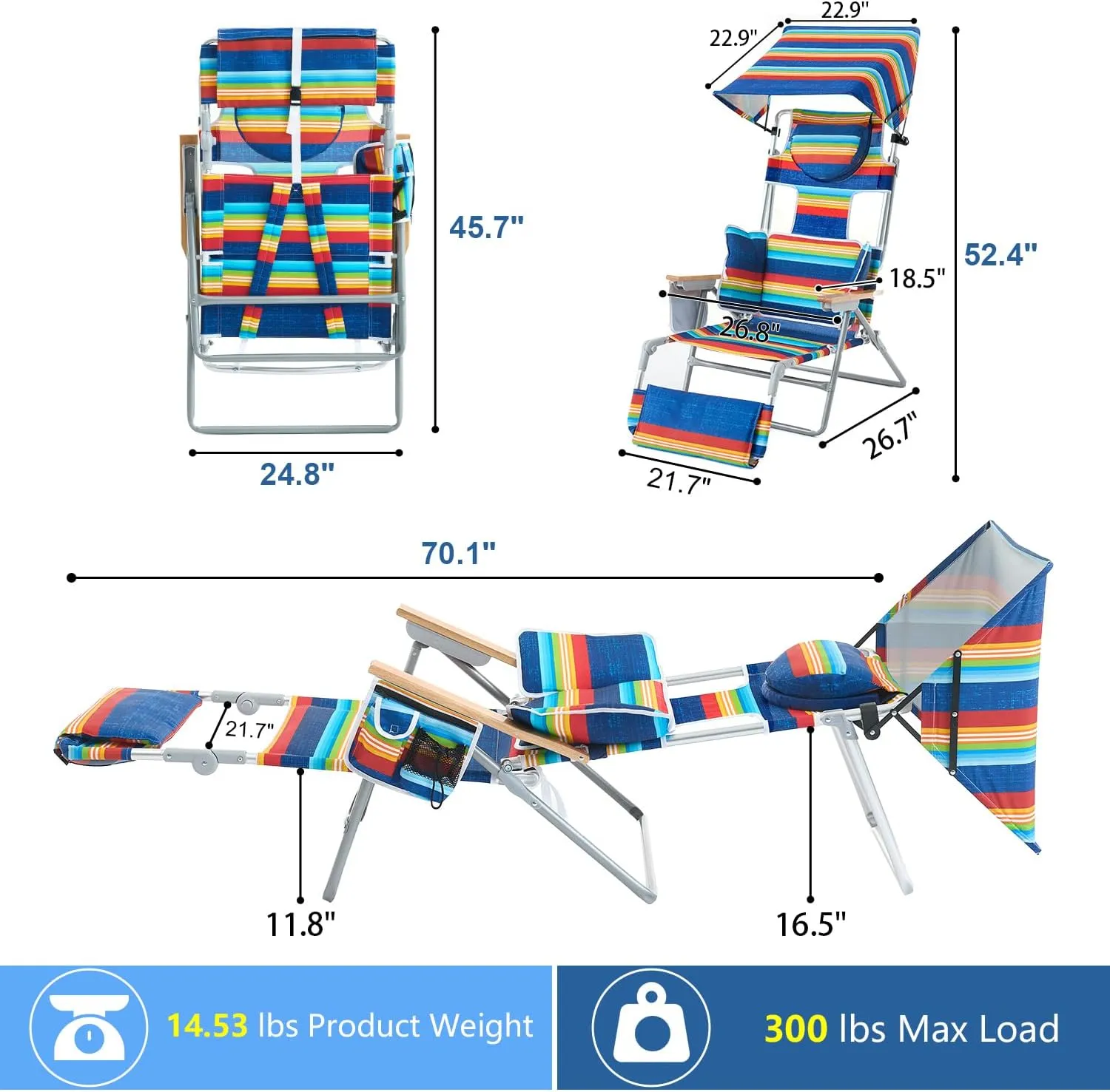70'' Extra Long Beach Lounge Chair, Tanning Chair with Canopy & Face Holes & Arm Holes & Storage Pocket, Adjustable Foldable Recliner with Carry Strap (2, Rainbow)