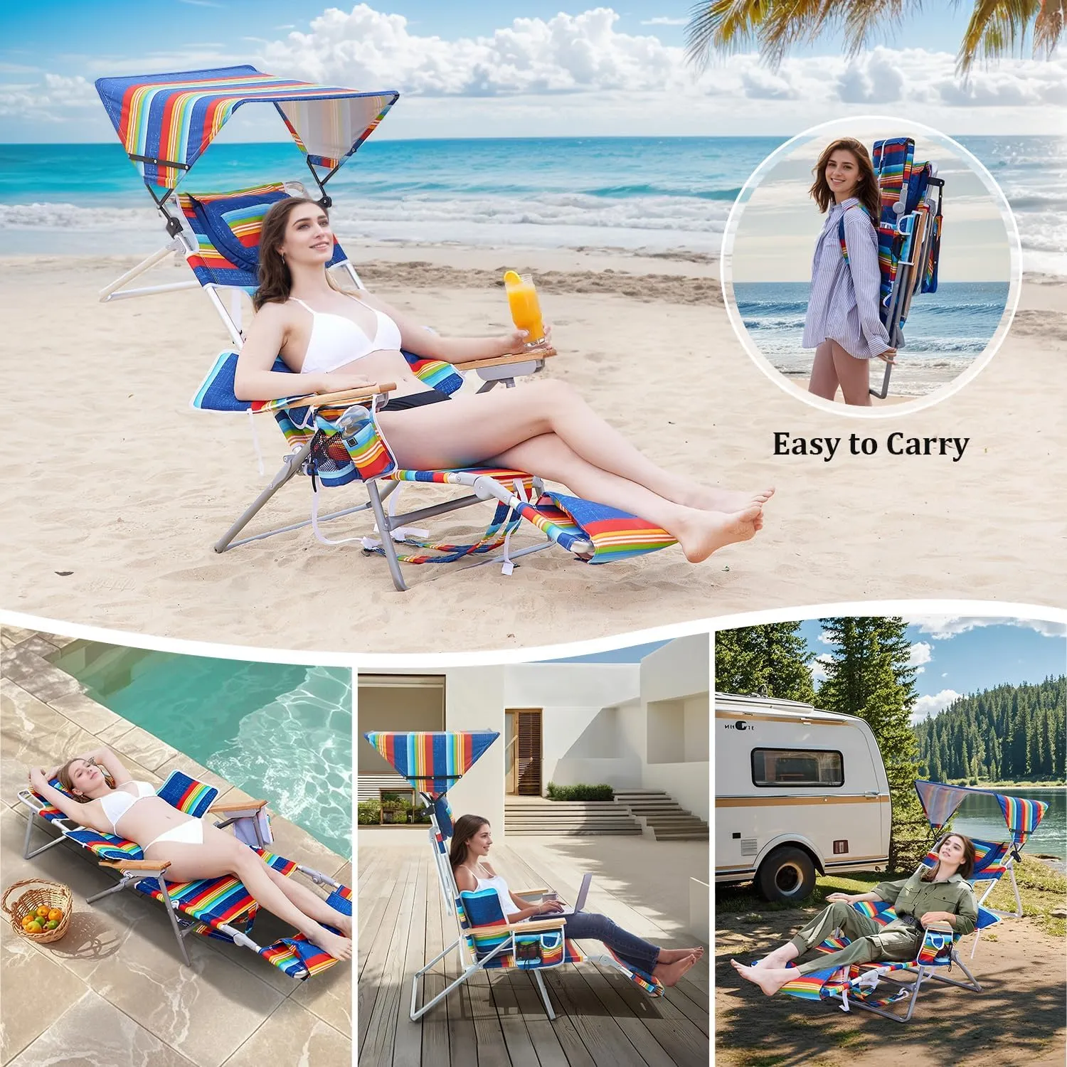 70'' Extra Long Beach Lounge Chair, Tanning Chair with Canopy & Face Holes & Arm Holes & Storage Pocket, Adjustable Foldable Recliner with Carry Strap (2, Rainbow)