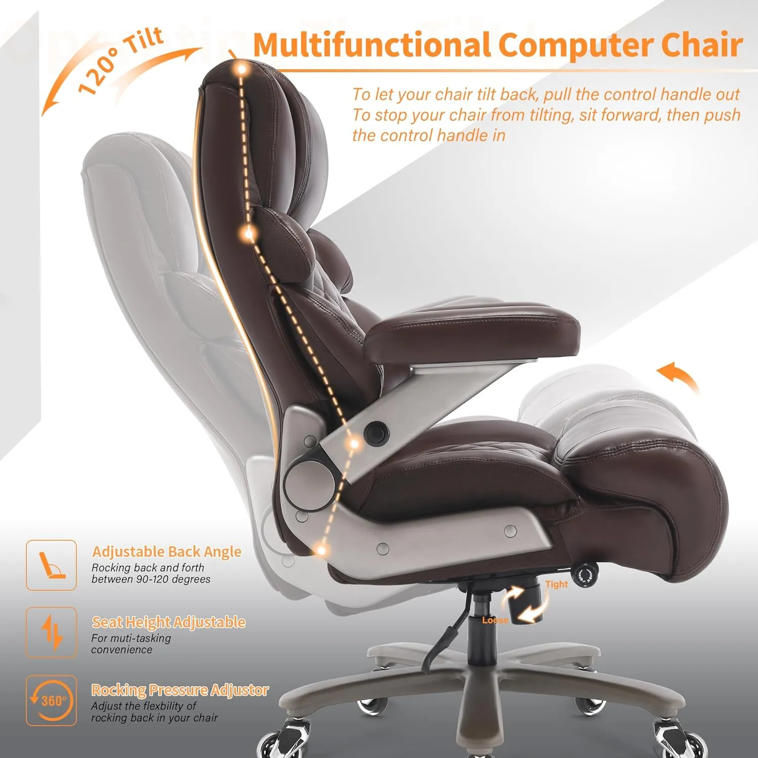 700lbs Big and Tall Office Chair-Large Computer Chair with Adjustable Lumbar Support 3D Flip Arms Plus Size Wheels, High Back Executive Desk Chair, Heavy Duty Metal Base, Thick Padded Wide Seat