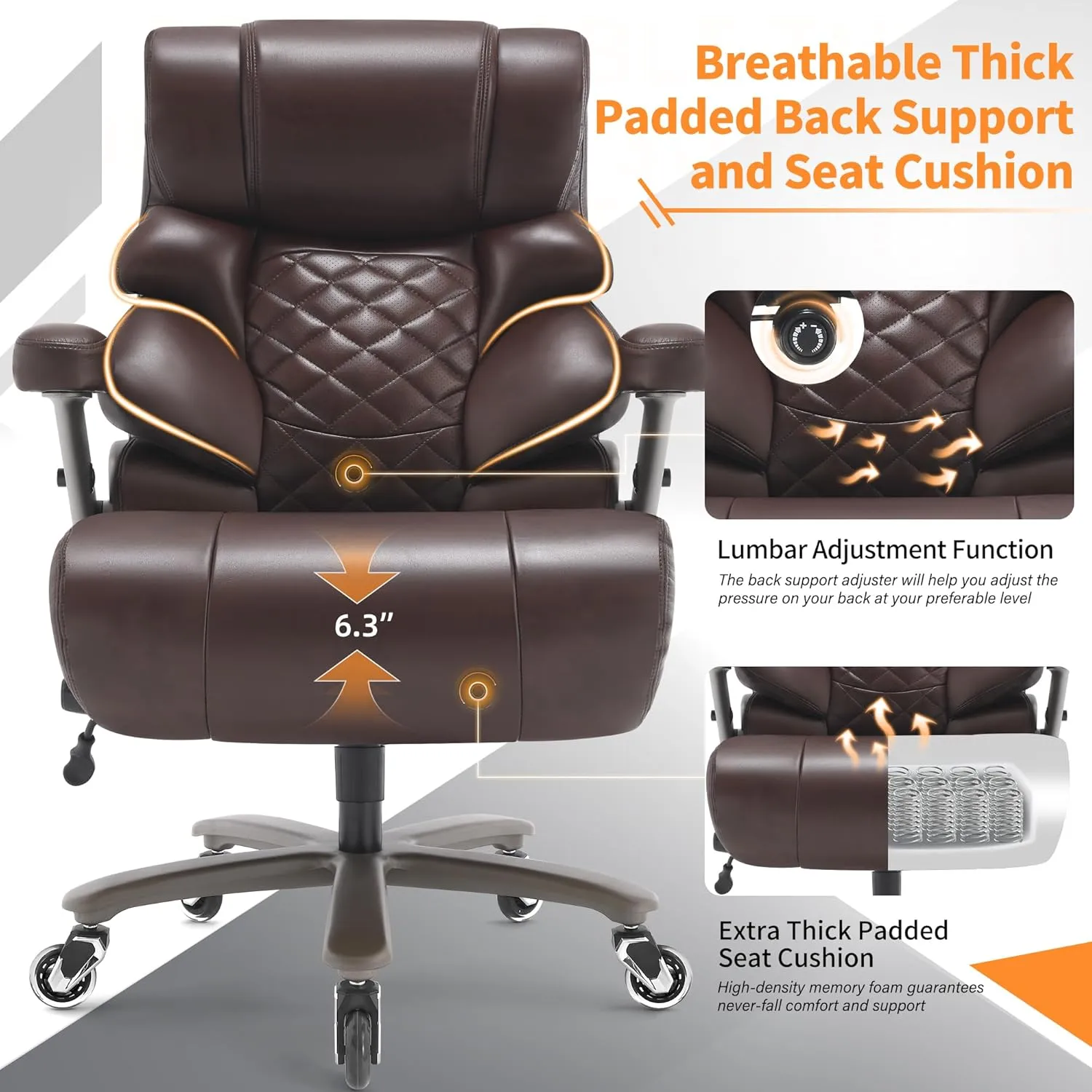700lbs Big and Tall Office Chair-Large Computer Chair with Adjustable Lumbar Support 3D Flip Arms Plus Size Wheels, High Back Executive Desk Chair, Heavy Duty Metal Base, Thick Padded Wide Seat