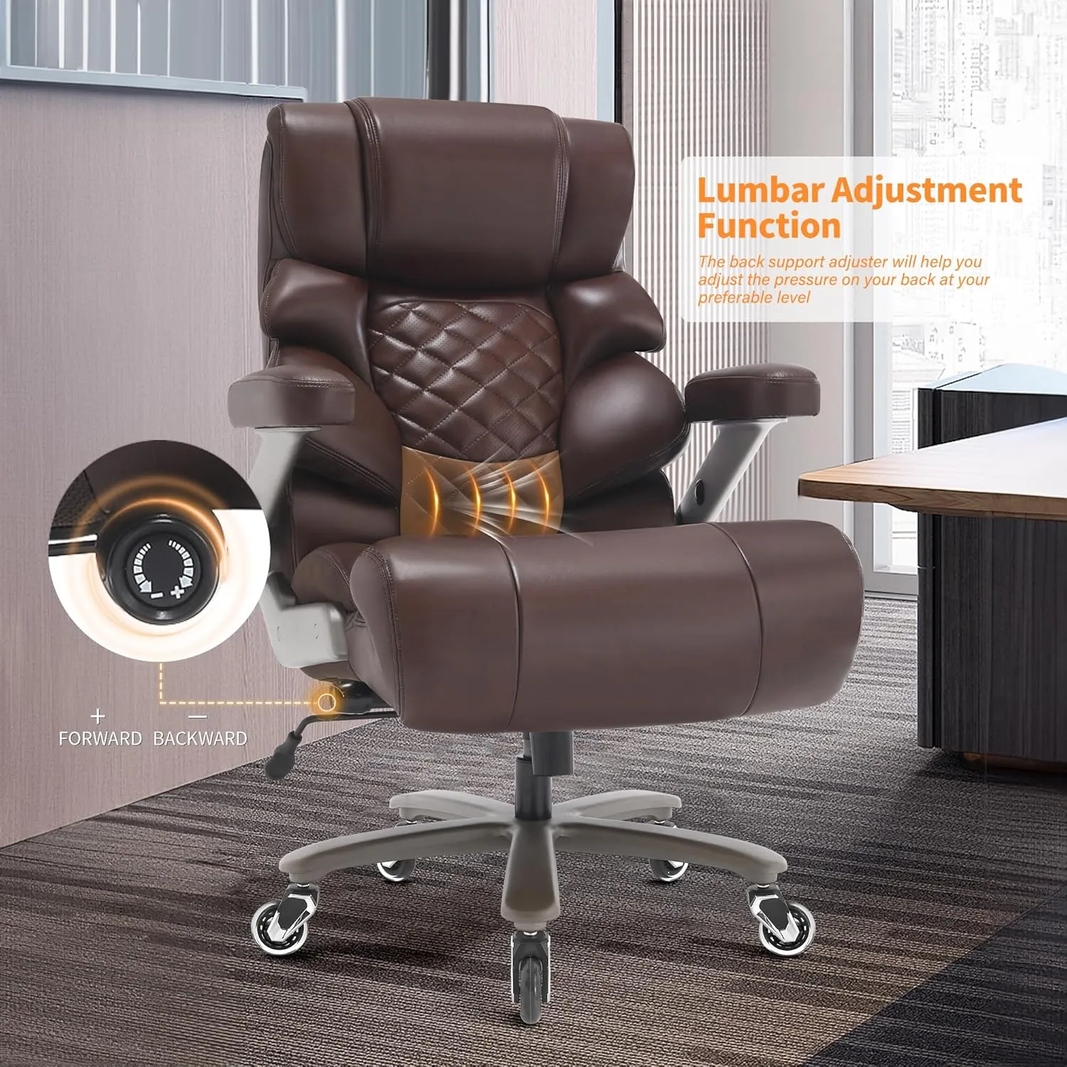 700lbs Big and Tall Office Chair-Large Computer Chair with Adjustable Lumbar Support 3D Flip Arms Plus Size Wheels, High Back Executive Desk Chair, Heavy Duty Metal Base, Thick Padded Wide Seat