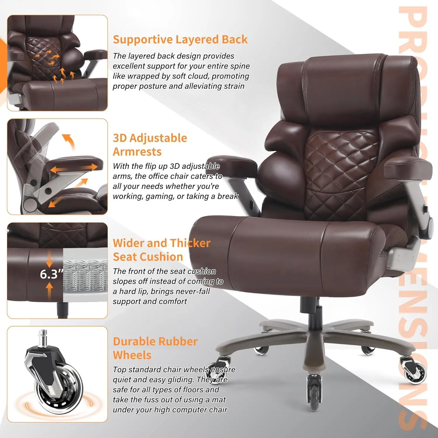 700lbs Big and Tall Office Chair-Large Computer Chair with Adjustable Lumbar Support 3D Flip Arms Plus Size Wheels, High Back Executive Desk Chair, Heavy Duty Metal Base, Thick Padded Wide Seat