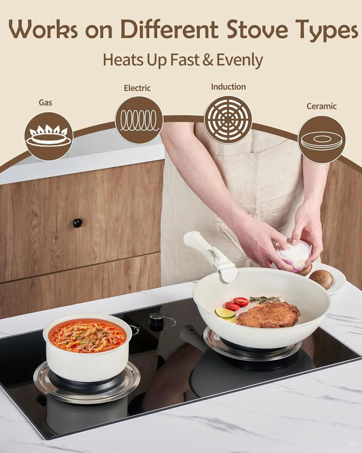 8pcs Pots and Pans Set Non Stick, Ceramic Cookware Set with Detachable Handle, Pot Sets for Cooking Nonstick with Collapsible Dish Basin, Oven Safe