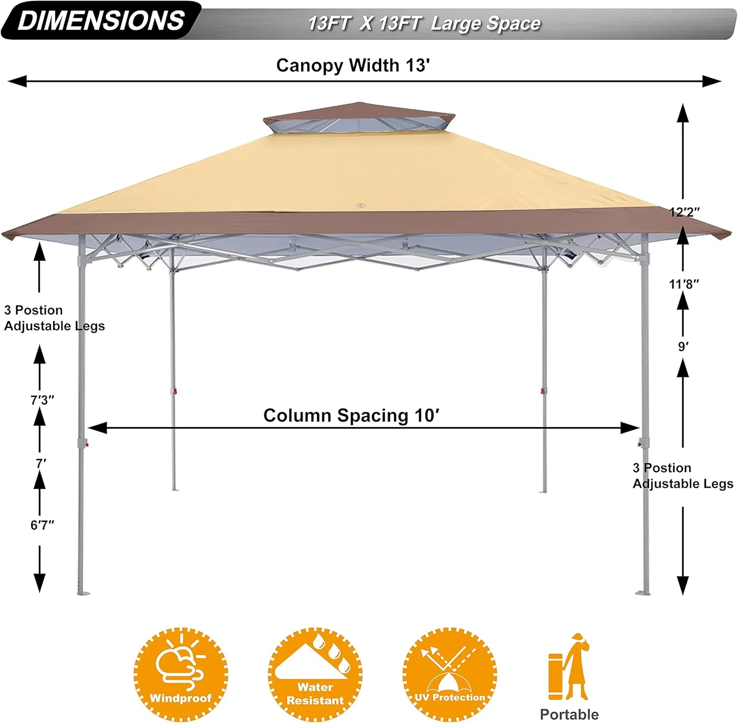 ABCCANOPY 13x13 Pop Up Canopy with Double Ventilated Top, 4 Sandbags, 4 Ropes and 8 Stakes (Tan)