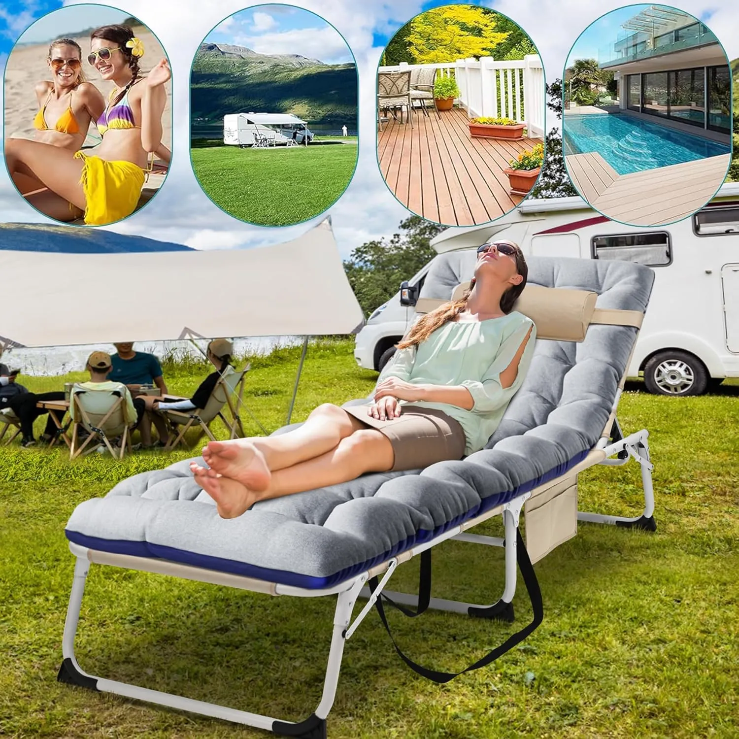 ABORON Sun Tanning Chair，4-in-1 Patio Lounge Chair, Heavy Duty Folding Chaise with 500LB Load Capacity, Adjustable Portable Chair for Home, Garden, Beach, Office, Camping & Sunbathing
