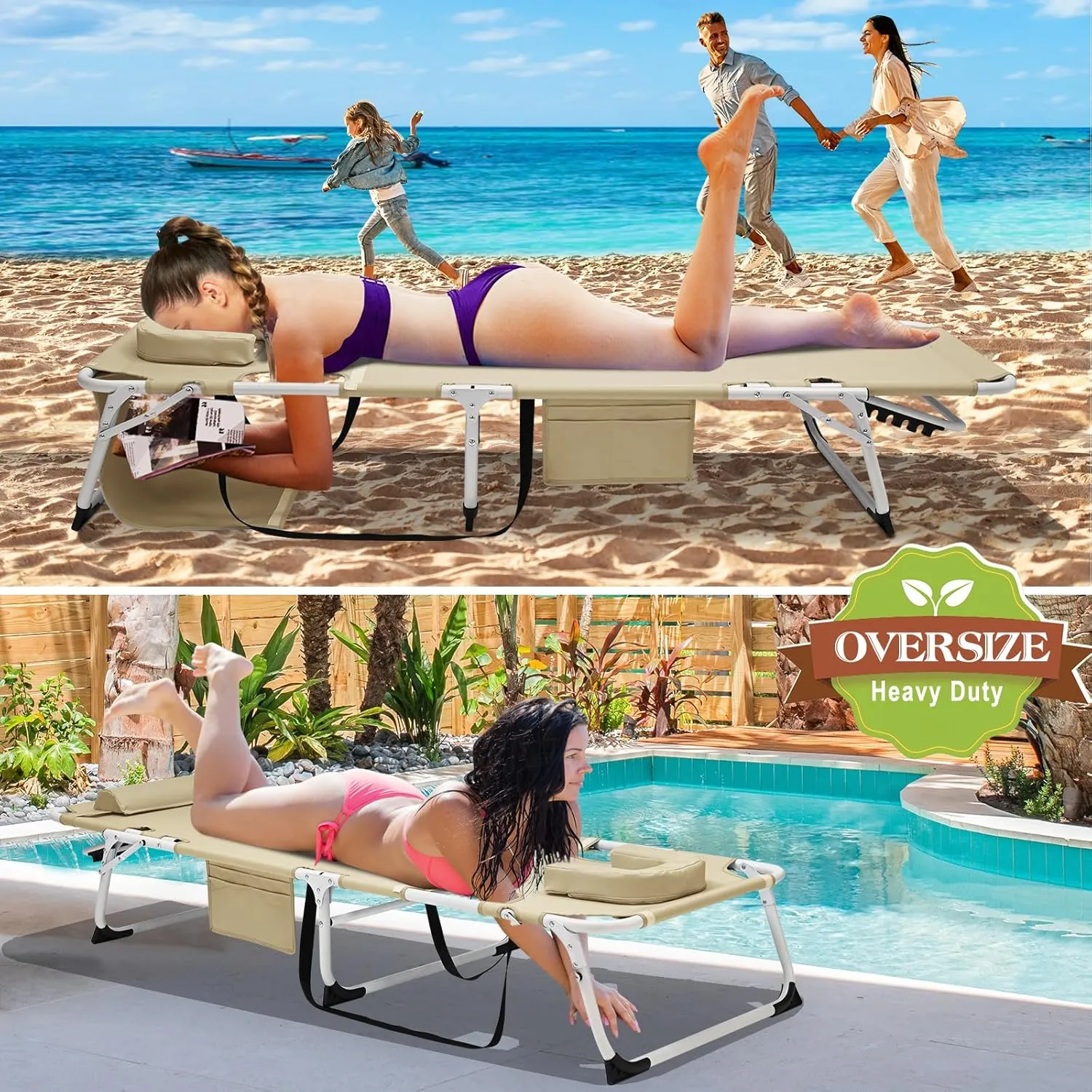 ABORON Sun Tanning Chair，4-in-1 Patio Lounge Chair, Heavy Duty Folding Chaise with 500LB Load Capacity, Adjustable Portable Chair for Home, Garden, Beach, Office, Camping & Sunbathing