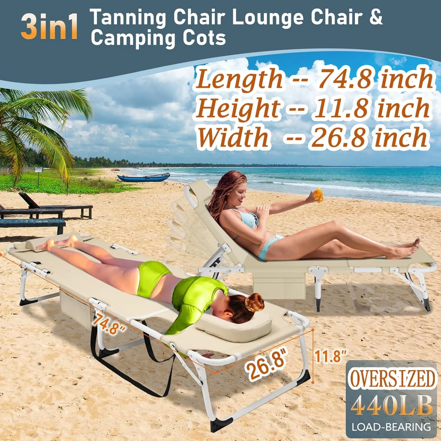 ABORON Sun Tanning Chair，4-in-1 Patio Lounge Chair, Heavy Duty Folding Chaise with 500LB Load Capacity, Adjustable Portable Chair for Home, Garden, Beach, Office, Camping & Sunbathing