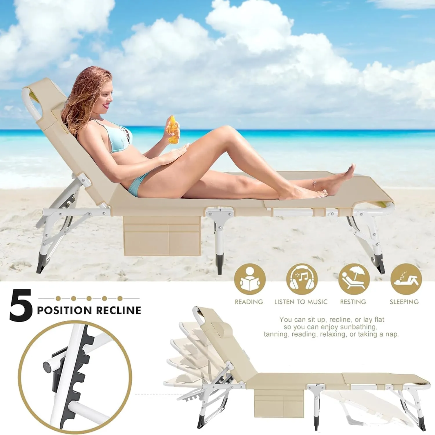 ABORON Sun Tanning Chair，4-in-1 Patio Lounge Chair, Heavy Duty Folding Chaise with 500LB Load Capacity, Adjustable Portable Chair for Home, Garden, Beach, Office, Camping & Sunbathing