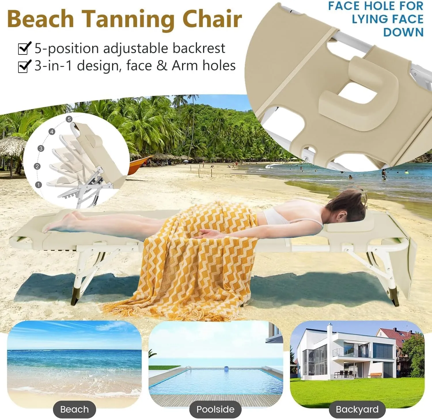 ABORON Sun Tanning Chair，4-in-1 Patio Lounge Chair, Heavy Duty Folding Chaise with 500LB Load Capacity, Adjustable Portable Chair for Home, Garden, Beach, Office, Camping & Sunbathing