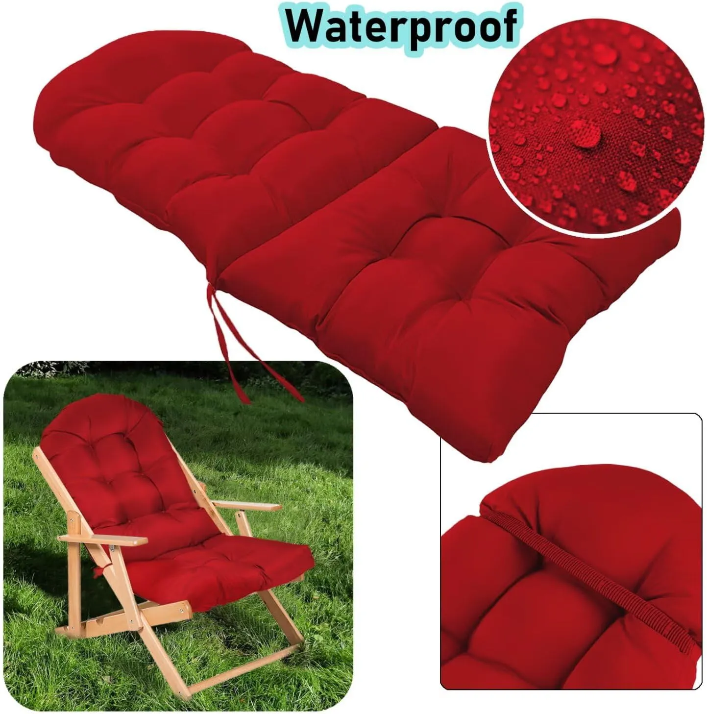 Adirondack Chair Cushion, Rocking Cushions 44x19.4x4 inch, High Back Patio Recliner Cushion of Upper and Lower with Ties, Sunscreen and Fade-Resistant Red,1