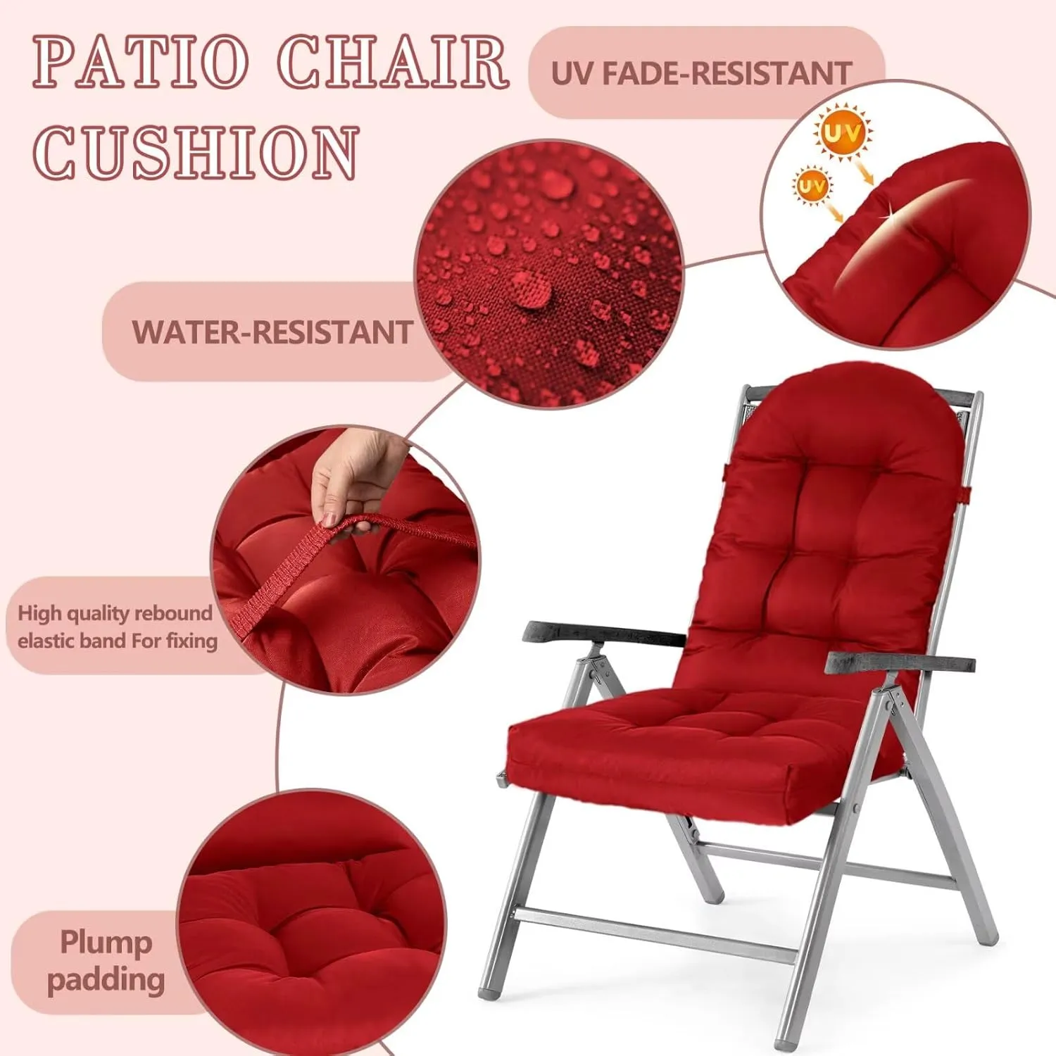 Adirondack Chair Cushion, Rocking Cushions 44x19.4x4 inch, High Back Patio Recliner Cushion of Upper and Lower with Ties, Sunscreen and Fade-Resistant Red,1