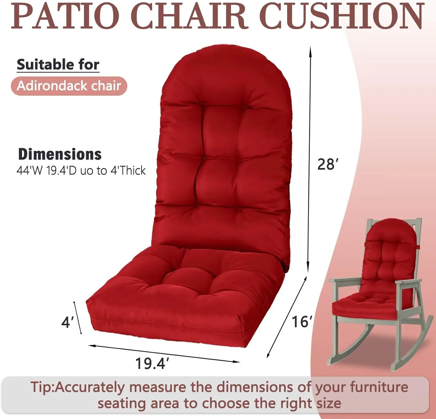Adirondack Chair Cushion, Rocking Cushions 44x19.4x4 inch, High Back Patio Recliner Cushion of Upper and Lower with Ties, Sunscreen and Fade-Resistant Red,1