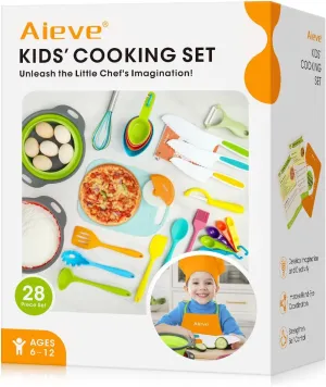 Aieve Kids Cooking Sets Utensils, 28 Pcs Kids Baking Set Including kids knife Set for Real Cooking with Kitchen Tool Guide Recipes