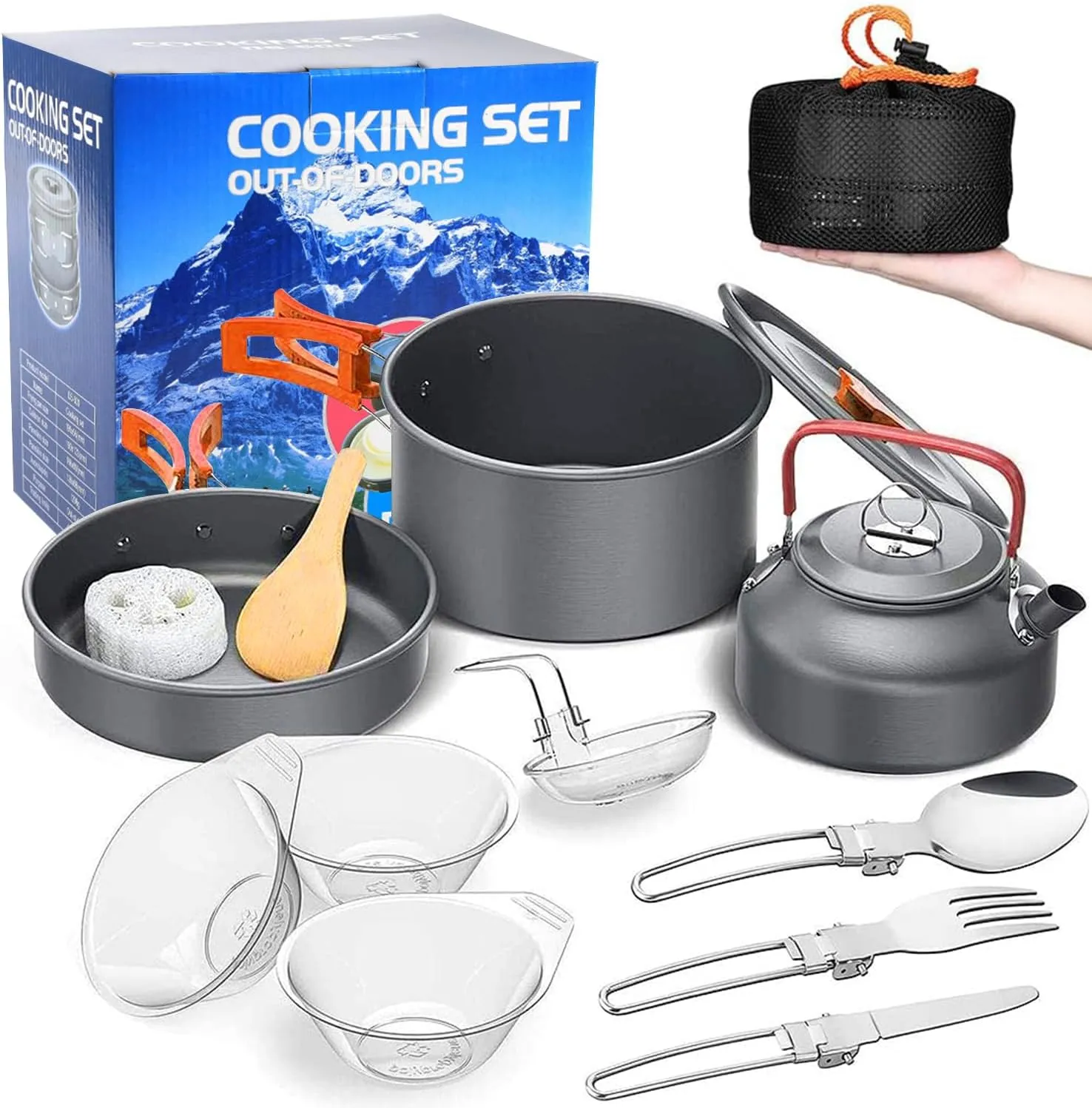 aiGear Camping Cookware Mess Kit, Non-Stick Camping Pan Pot Kettle, Lightweight Aluminum Camping Utensils, Collapsible Portable Camping Cooking Set for Outdoor Cooking Hiking Picnic