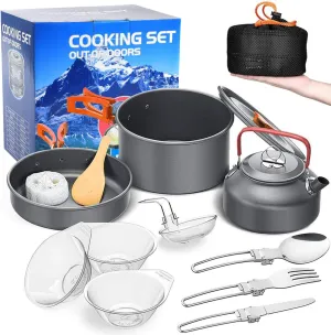 aiGear Camping Cookware Mess Kit, Non-Stick Camping Pan Pot Kettle, Lightweight Aluminum Camping Utensils, Collapsible Portable Camping Cooking Set for Outdoor Cooking Hiking Picnic