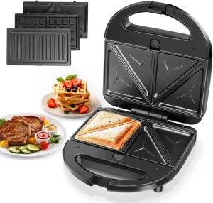 Aigostar Sandwich Maker Panini Press Grill, 3 in 1 Waffle Maker with Removable Non-stick Plates, Electric Grilled Cheese Maker, Portable Cool Touch Handle, Led Indicator Lights & Easy to Clean, 750W
