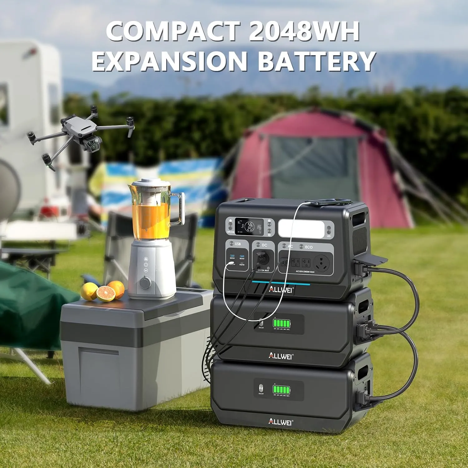 ALLWEI 2400W Portable Power Station and 2x B200 PRO Expansion Battery, 2048Wh Solar Generator, Fast Charge, Expand to 9144Wh LiFePO4 Battery Backup for RV Camping Outdoor Home Use