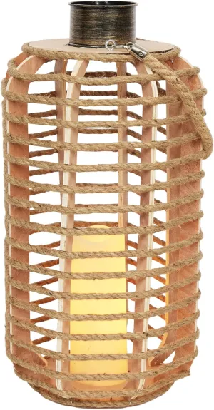 Alpine Corporation SKY392TM 28" H, Hemp Rope Wooden Lantern with Flickering LED Lights, Garden Decor for Patio, Lawn, and Yard