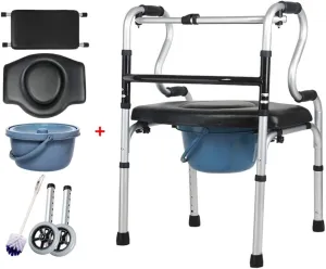 Aluminum Portable Commode Shower Chair with Wheels Toilet Style Seat and Cover, Wheeled Combo Commode Chair, Over The Toilet and Shower for Handicap and Seniors