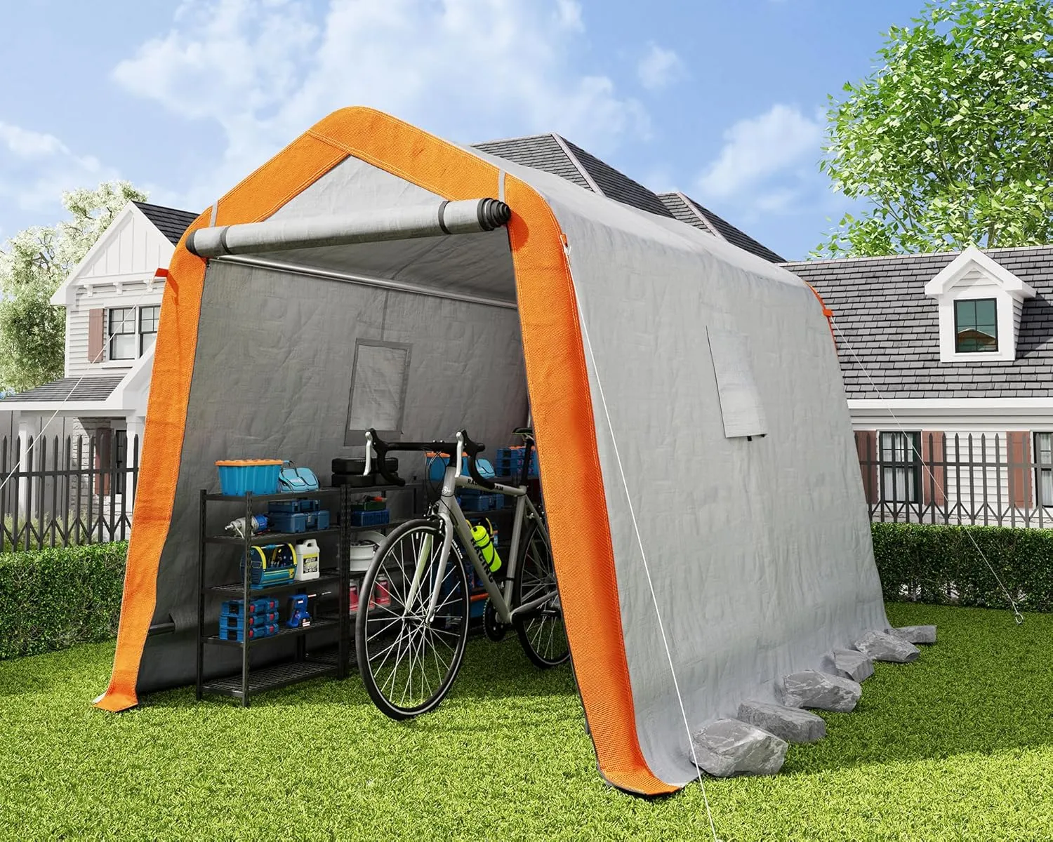AMERLIFE 6x8x6.6 FT Heavy Duty Portable Shed Storage Shelter, Outdoor Storage Shed with 2 Waterproof Windows & Roll-up Zipper Door, Carport for Motorcycle, Bike, Grey