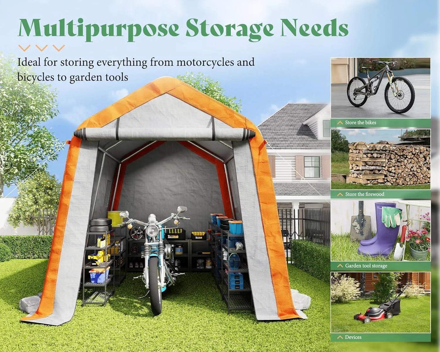 AMERLIFE 8x10x8 FT Heavy Duty Portable Shed Storage Shelter, Outdoor Storage Shed with 4 Waterproof Windows & Roll-up Zipper Door, Carport for Motorcycle, Bike, Grey
