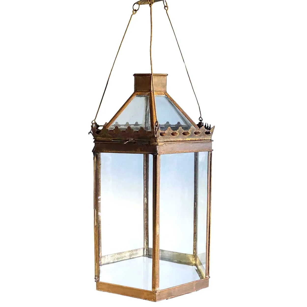 Anglo Indian Toleware and Glass Hexagonal Hanging Candle Lantern