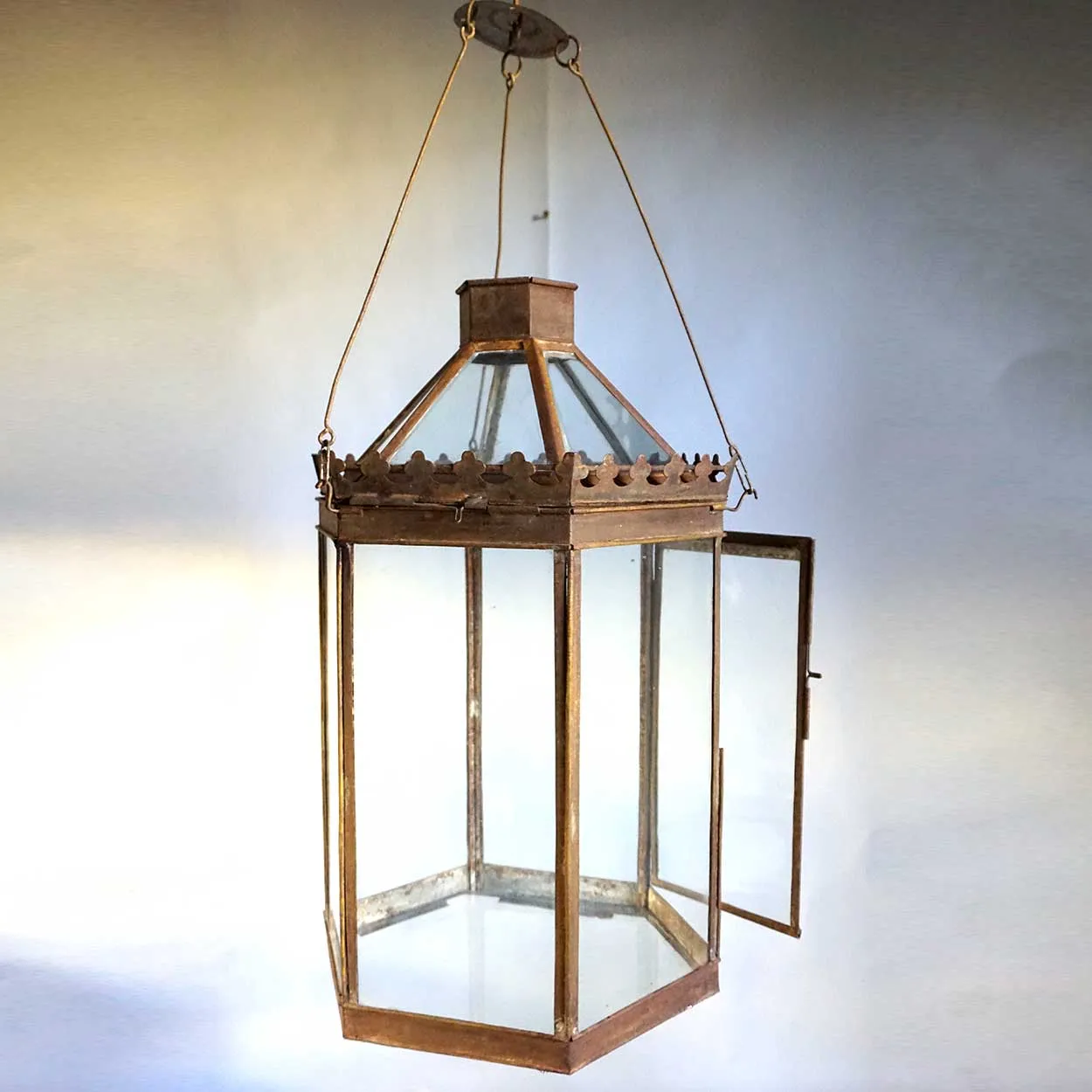 Anglo Indian Toleware and Glass Hexagonal Hanging Candle Lantern