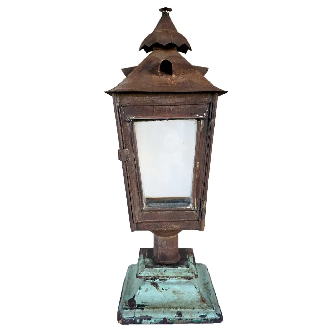 Anglo Indian Toleware Post Lantern on Painted Teak Base